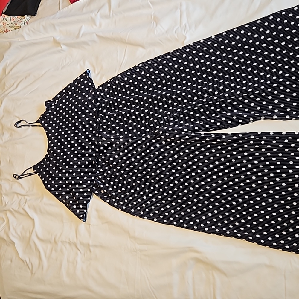 Design Lab romper. Stretch navy with white polka dot. Wide leg. Size Medium